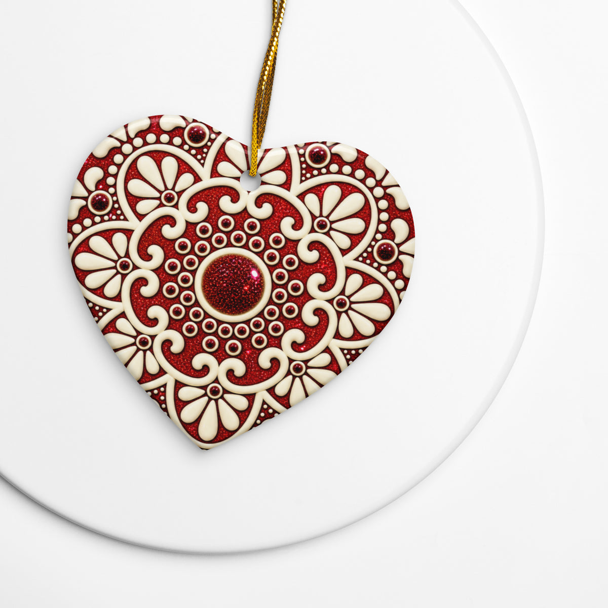 Heart-shaped red and ivory ceramic Christmas ornament with intricate floral mandala design by Simply Sim Artistry.