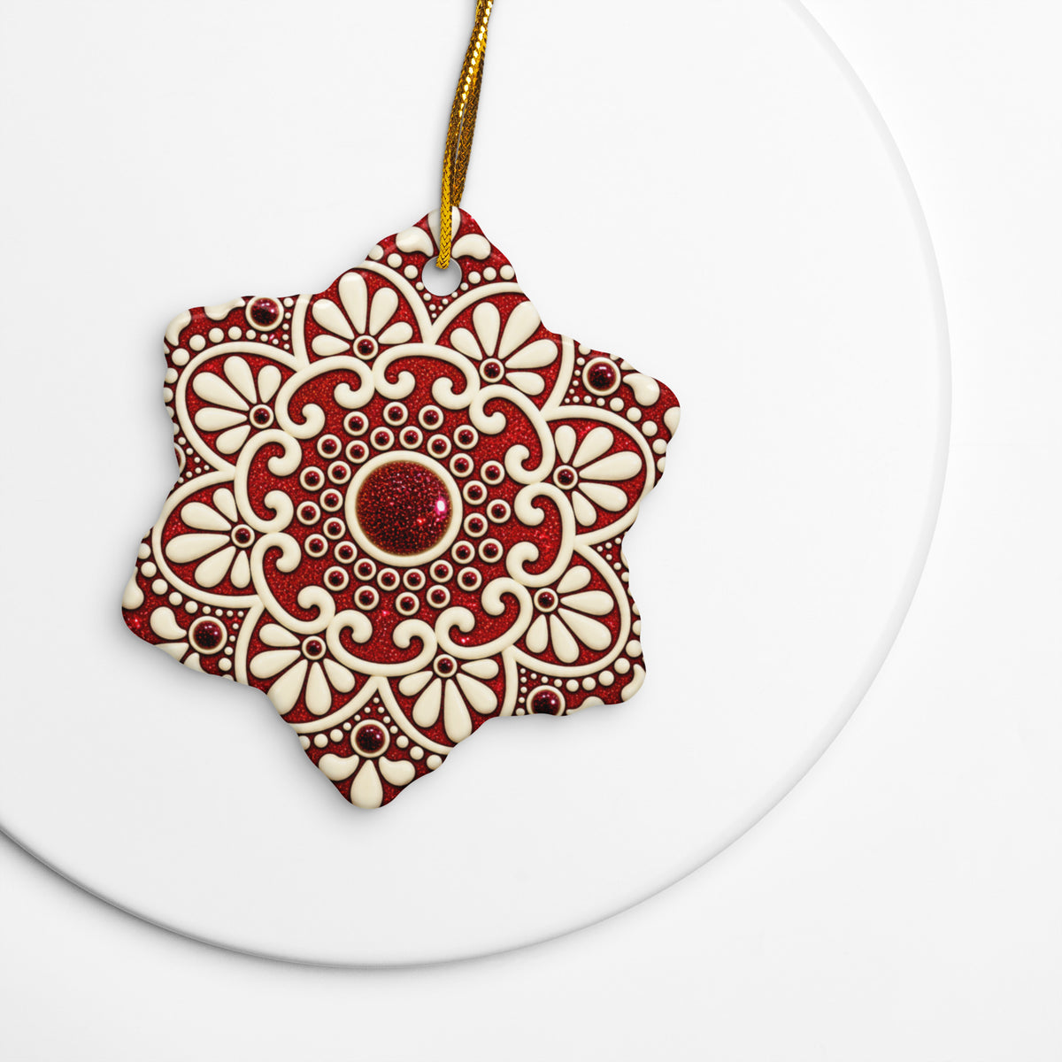 Snowflake-shaped red and ivory ceramic Christmas ornament with intricate floral mandala design by Simply Sim Artistry.