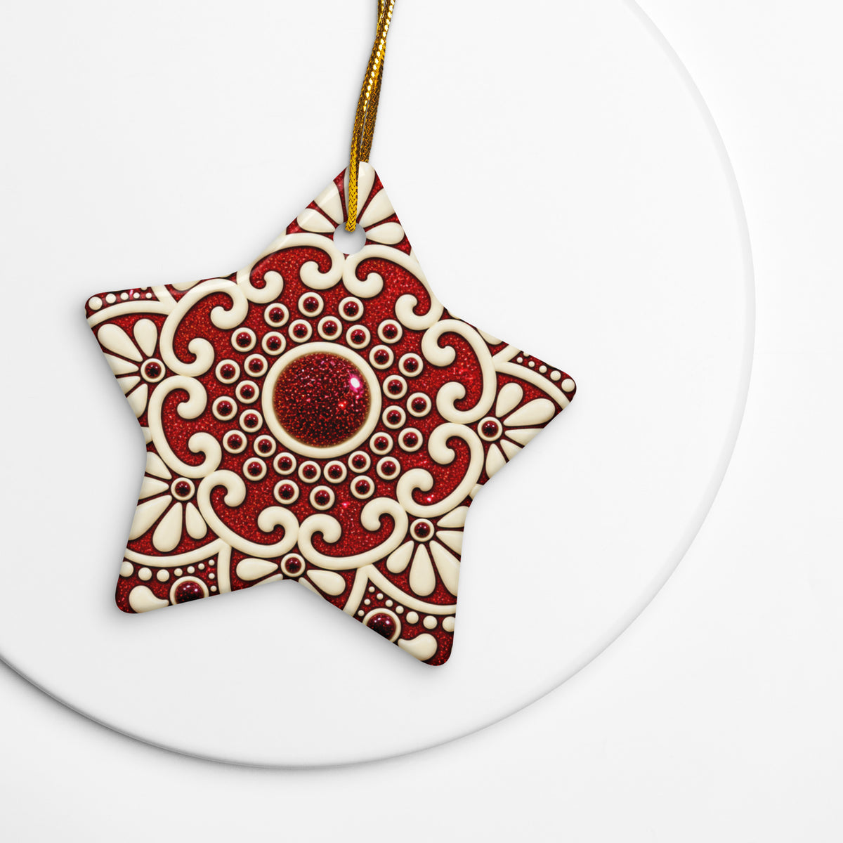 Star-shaped red and ivory ceramic Christmas ornament with intricate floral mandala design by Simply Sim Artistry.