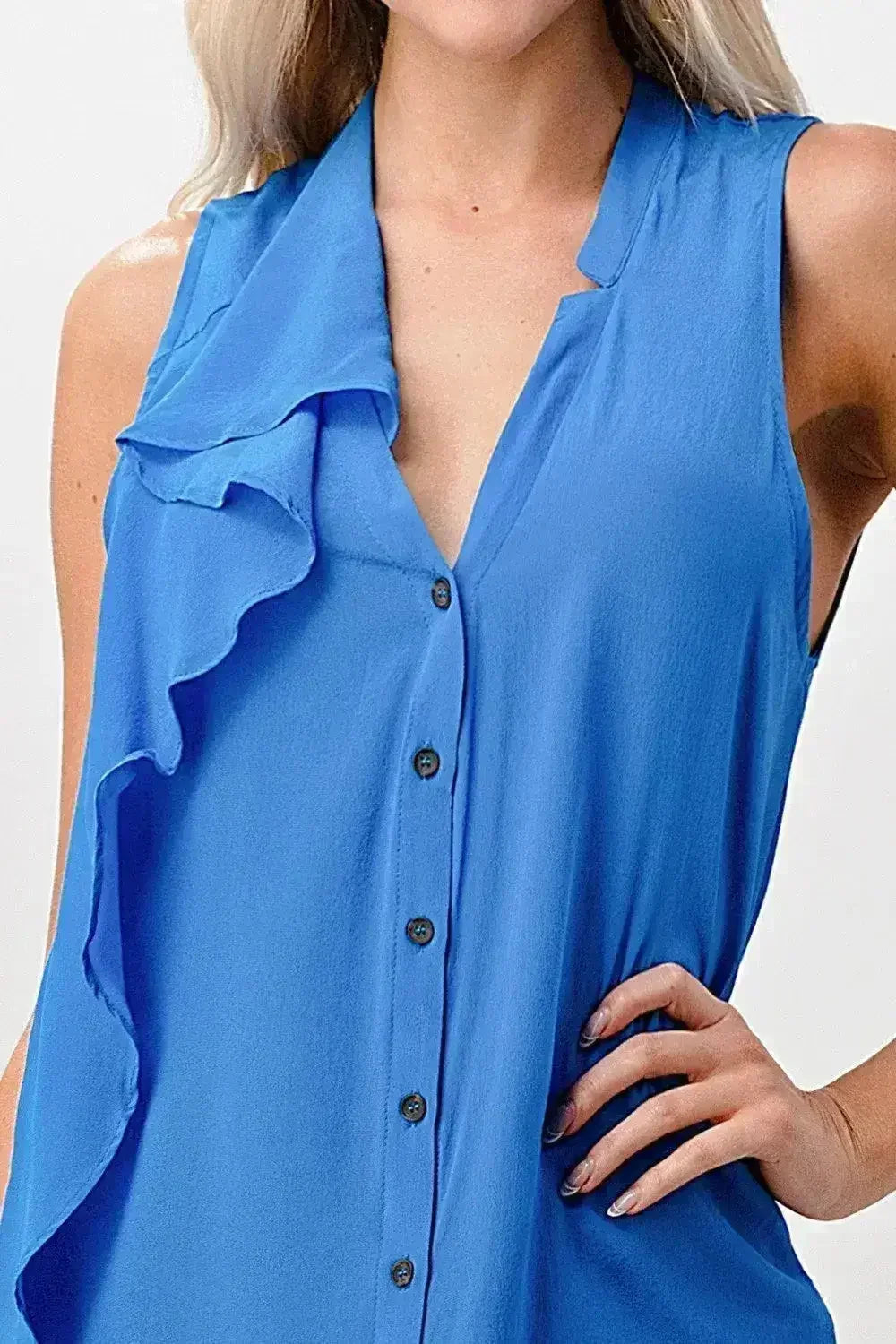 Silk Sleeveless Ruffle Blouse - Asymmetrical Button-Up Top in Orange & Blue
