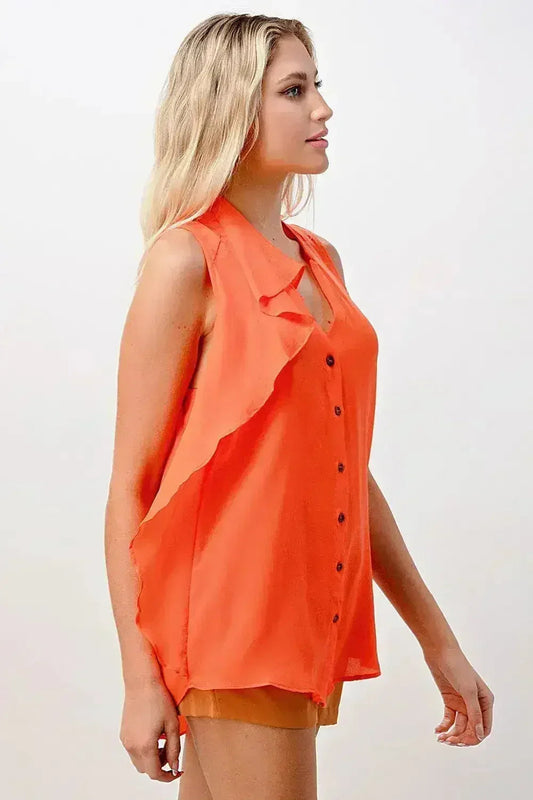 Silk Sleeveless Ruffle Blouse - Asymmetrical Button-Up Top in Orange & Blue