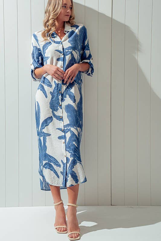 Tropical Palm Leaf Button-Down Midi Dress - Resort, Spring and Summer Collection
