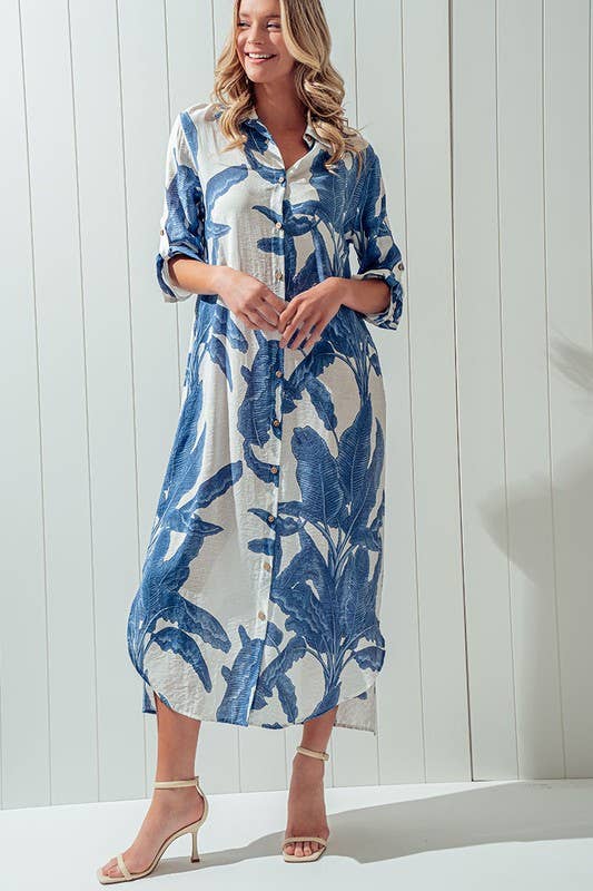 Tropical Palm Leaf Button-Down Midi Dress - Resort, Spring and Summer Collection