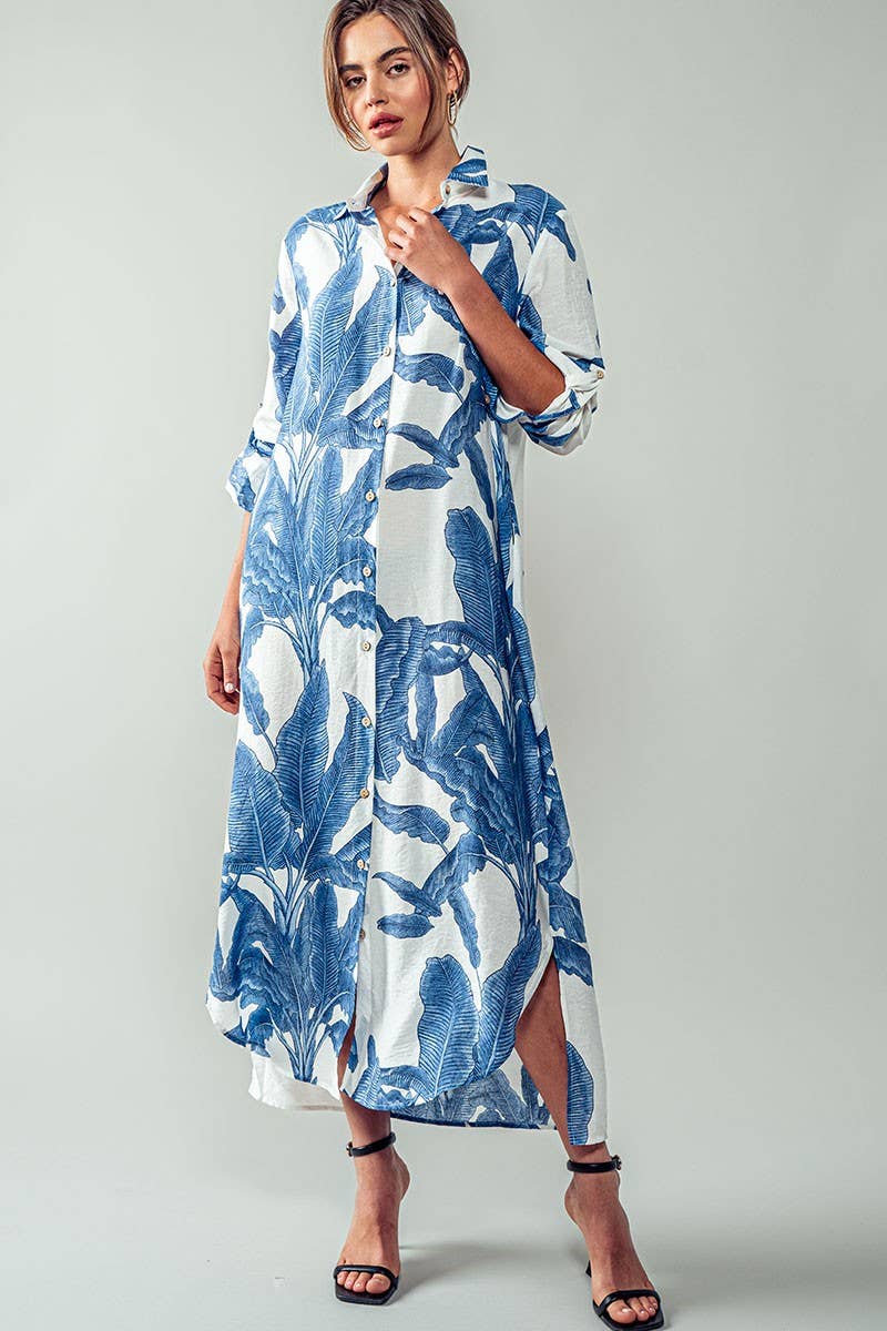 Tropical Palm Leaf Button-Down Midi Dress - Resort, Spring and Summer Collection