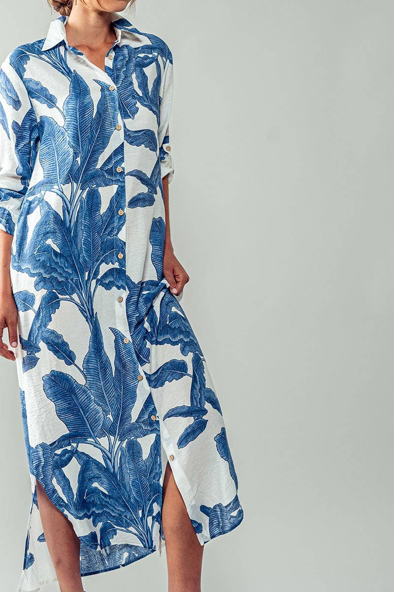 Tropical Palm Leaf Button-Down Midi Dress - Resort, Spring and Summer Collection