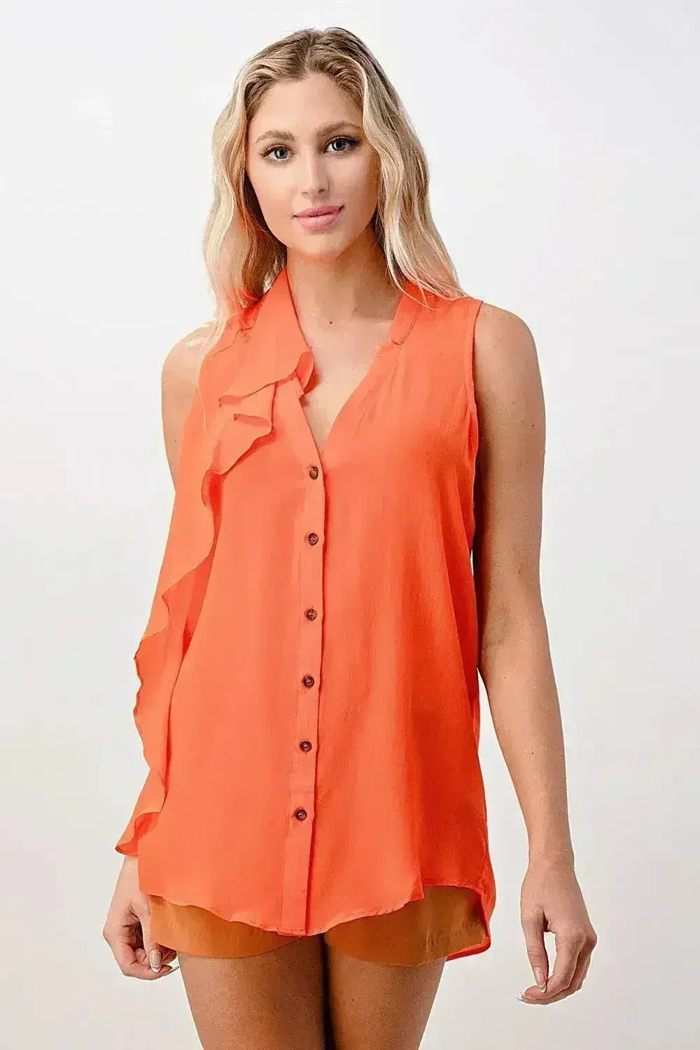 Silk Sleeveless Ruffle Blouse - Asymmetrical Button-Up Top in Orange & Blue