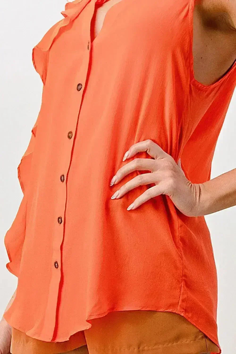 Silk Sleeveless Ruffle Blouse - Asymmetrical Button-Up Top in Orange & Blue