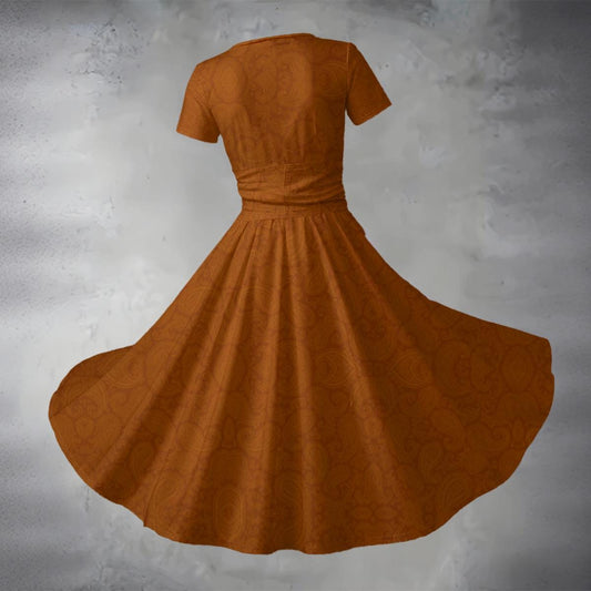 Women's Short Sleeve V Neck Midi Dress - "Orange Paisley"