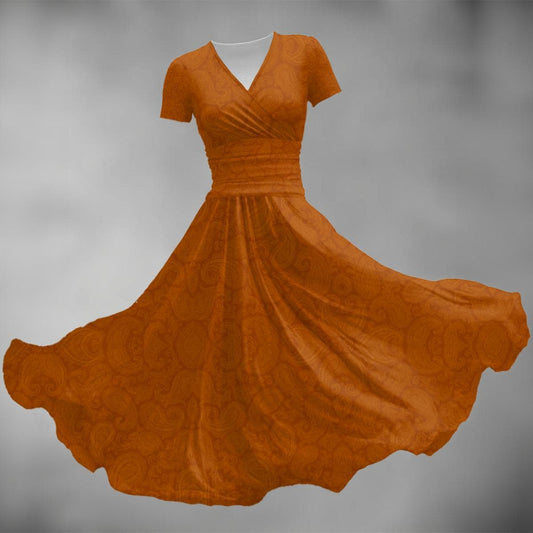 Women's Short Sleeve V Neck Midi Dress - "Orange Paisley"