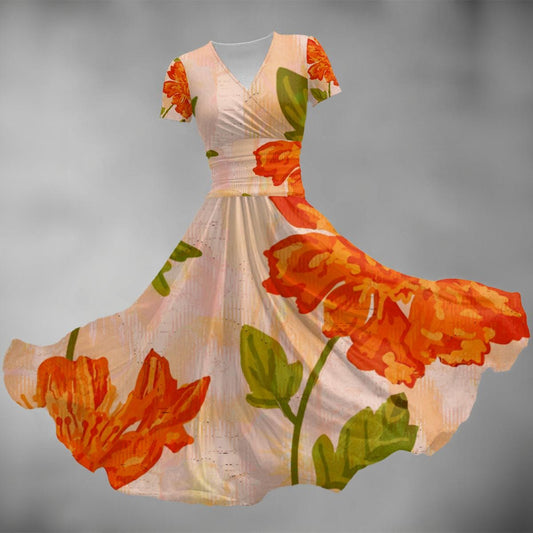 Women's Short Sleeve V Neck Midi Dress - Orange Floral