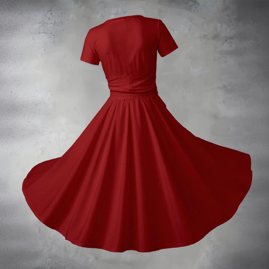 Women's Short Sleeve V Neck Midi Dress - The Classic Red