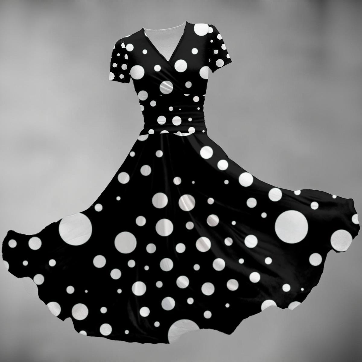 Women's Short Sleeve V Neck Midi Dress - The Polka Dot