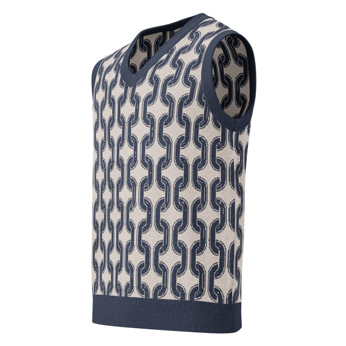 Close-up of Bilbao sand and navy geometric jacquard knit sweater vest