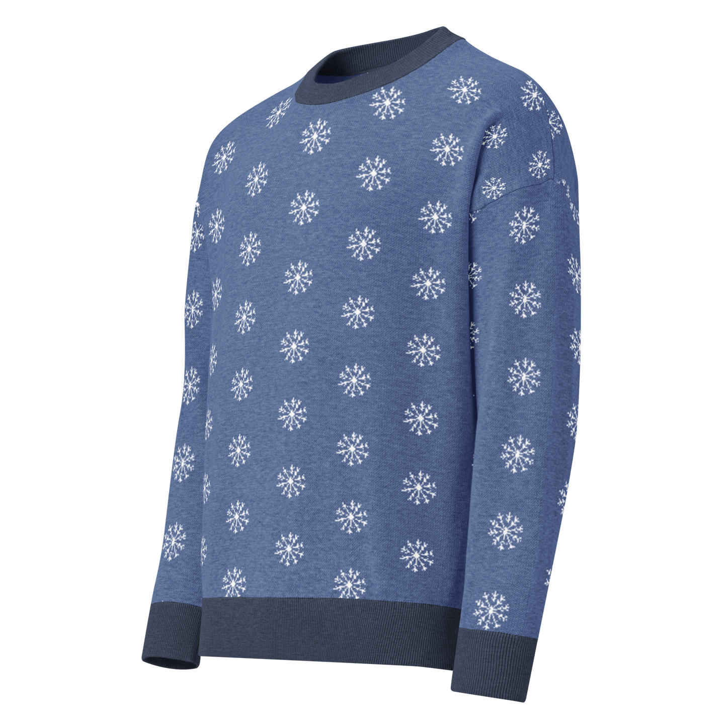 Relaxed fit knitted crew neck sweater - Blue and White Snowflake