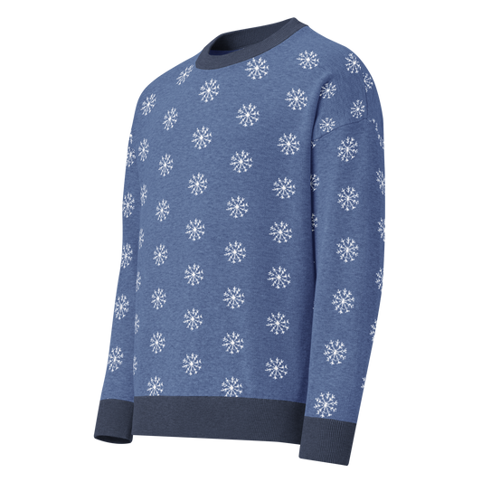 Relaxed fit knitted crew neck sweater - Blue and White Snowflake