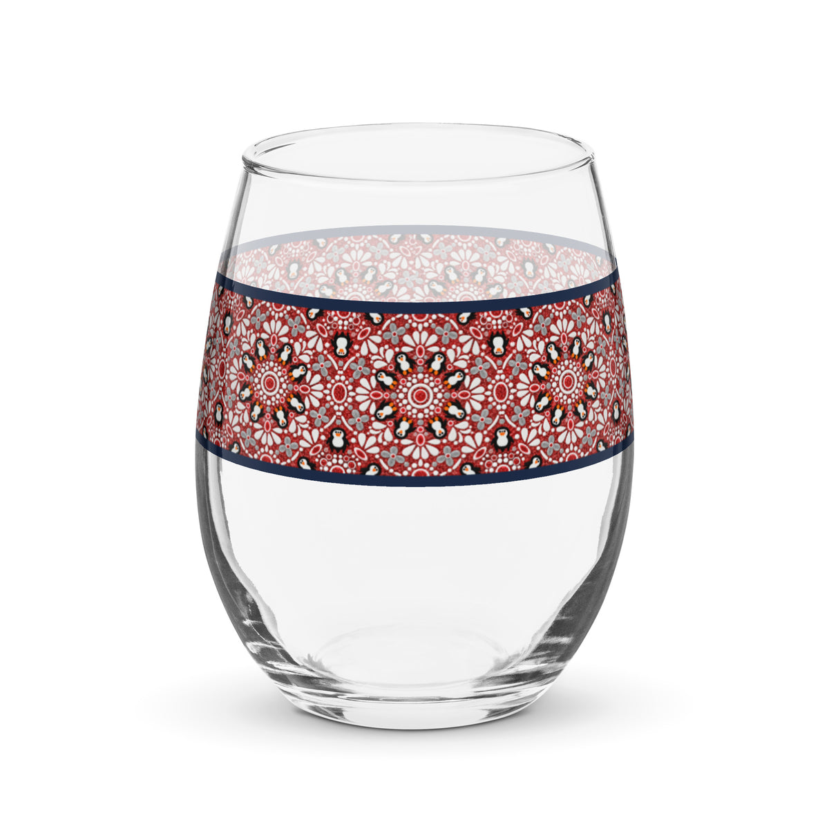 Penguin Mandala 15 oz holiday drinking glass featuring red, white and black artwork from the Asteri × Simply Sim Artistry collaboration.