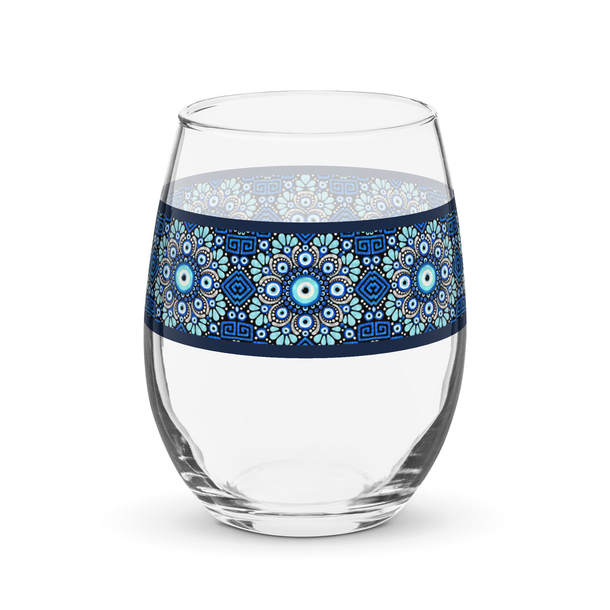 Mati Blue Mandala 15 oz drinking glass featuring cobalt, navy, turquoise, white and black artwork by Asteri × Simply Sim Artistry.