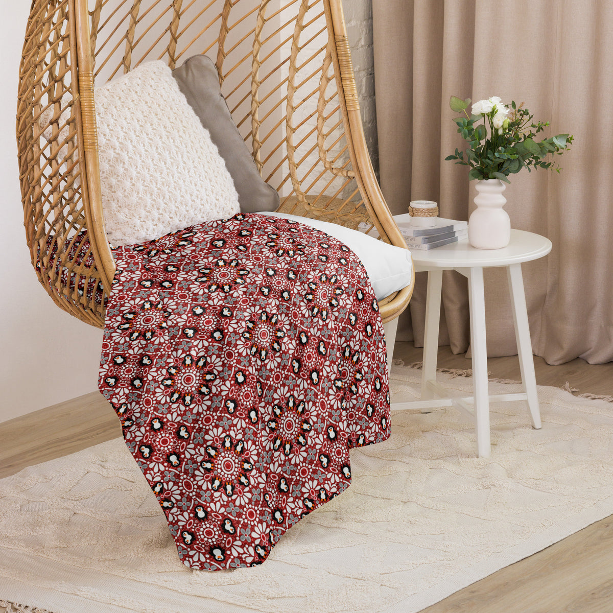 Penguin Mandala sherpa blanket featuring festive red, white, black and gray artwork from the Asteri × Simply Sim Artistry collaboration.
