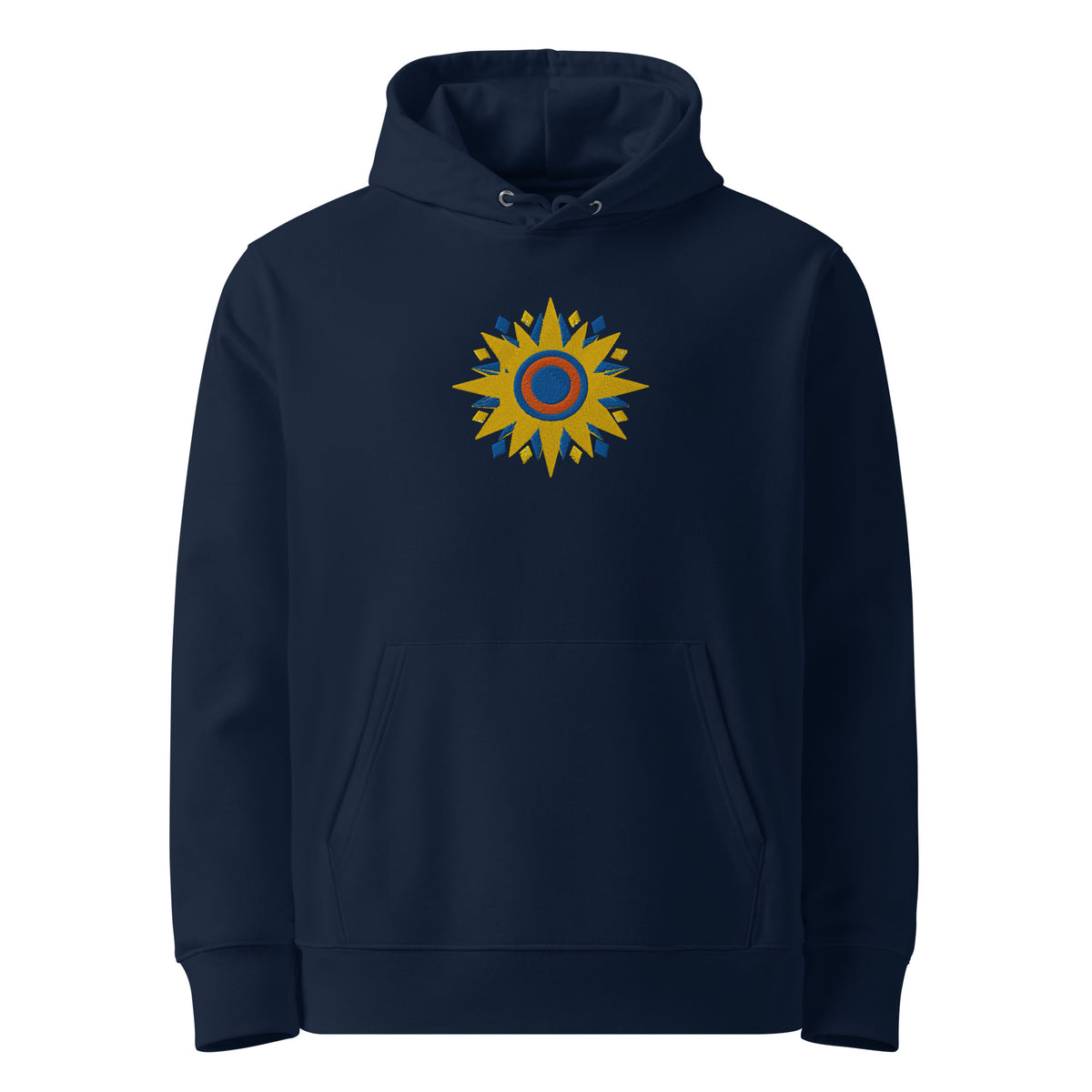 Asteri Solaris premium unisex hoodie in French Navy featuring bold Mediterranean sunburst embroidery in golden yellow, cobalt blue, and terracotta, made with organic cotton and recycled polyester.
