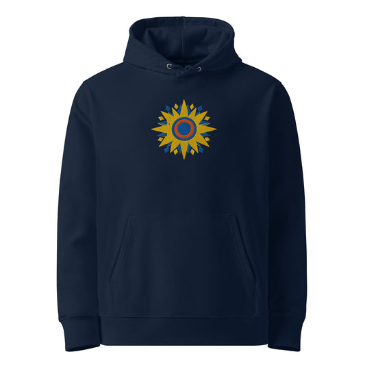 Asteri Solaris premium unisex hoodie in French Navy featuring bold Mediterranean sunburst embroidery in golden yellow, cobalt blue, and terracotta, made with organic cotton and recycled polyester.