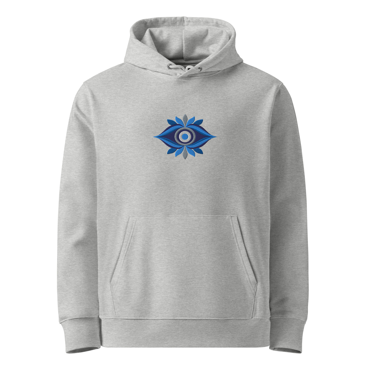 Asteri Modern Mati premium unisex embroidered hoodie in Heather Grey featuring a geometric Greek Mati eye design in cobalt blue, navy, and silver-grey.