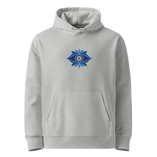 Asteri Modern Mati premium unisex embroidered hoodie in Heather Grey featuring a geometric Greek Mati eye design in cobalt blue, navy, and silver-grey.
