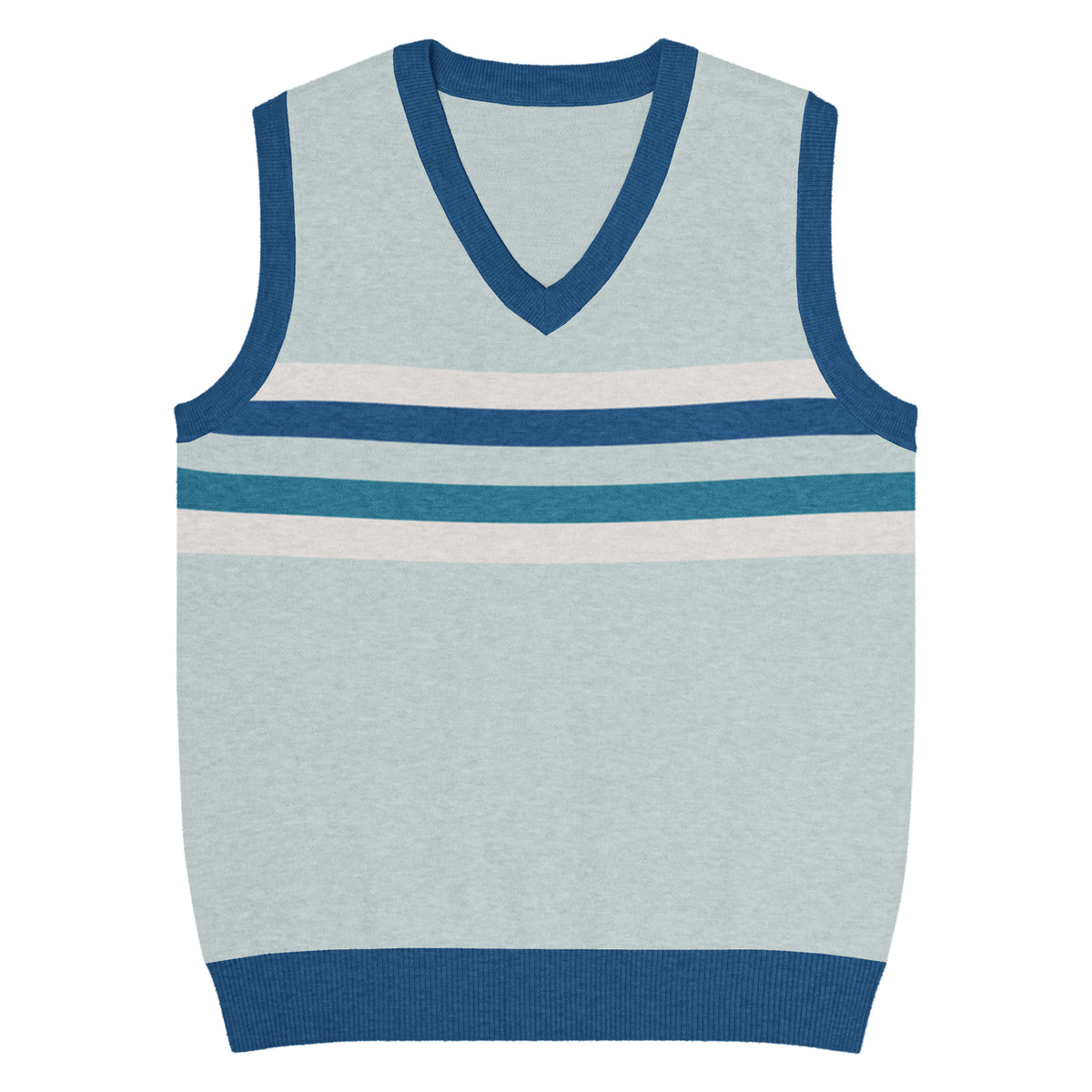 Close-up of blue jacquard sweater vest with navy V-neck trim and horizontal stripes
