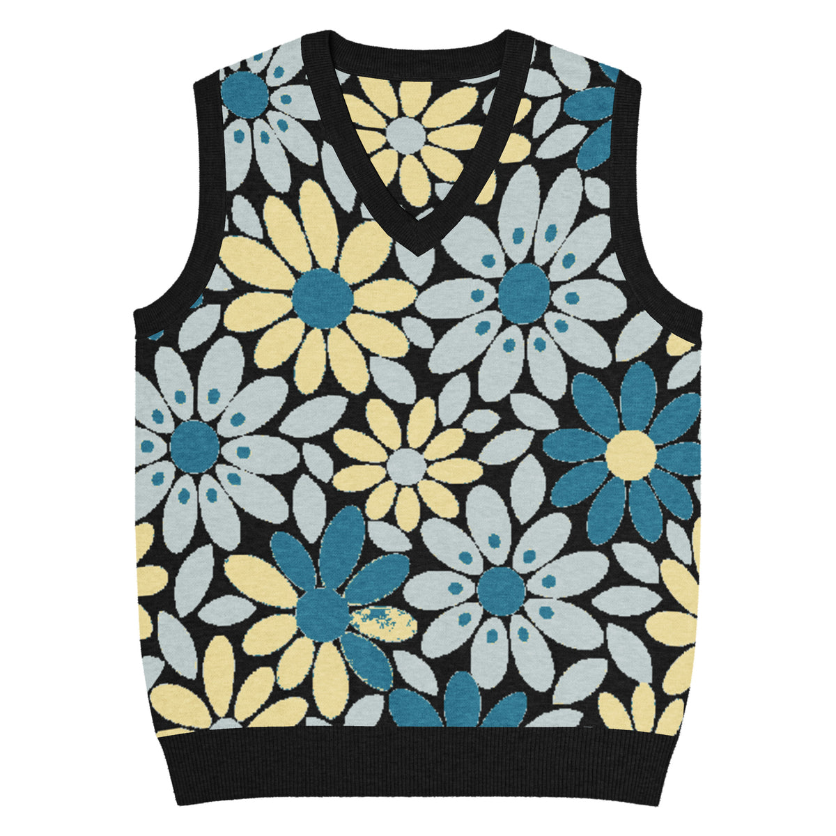 Bold floral styled V-neck jacquard knit vest with oversized blue, teal, butter yellow and black daisy pattern.