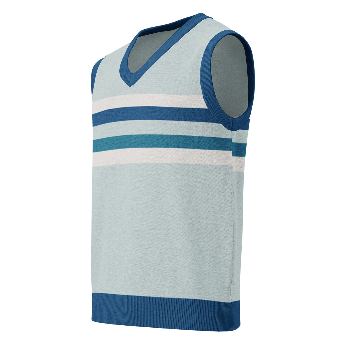 Blue V-neck knit sweater vest with navy trim and retro teal white and blue stripes