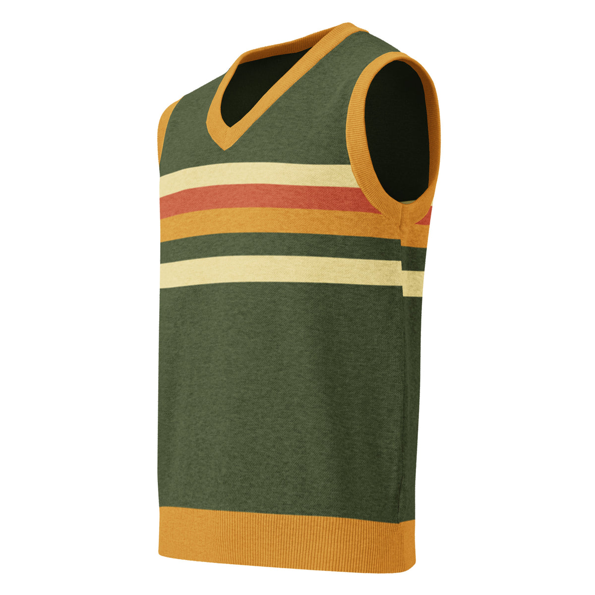 Olive green V-neck knit sweater vest with gold trim and retro cream rust and green stripes