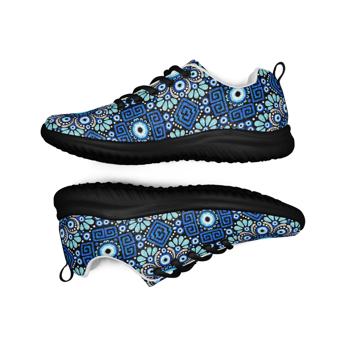 Mati Blue Mandala athletic sneakers featuring cobalt, navy, turquoise, white and black artwork from Asteri × Simply Sim Artistry.