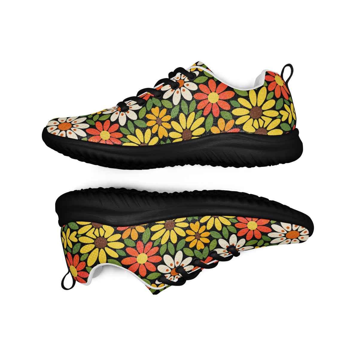 Asteri x Sim Artistry retro floral athletic sneakers with black soles and laces