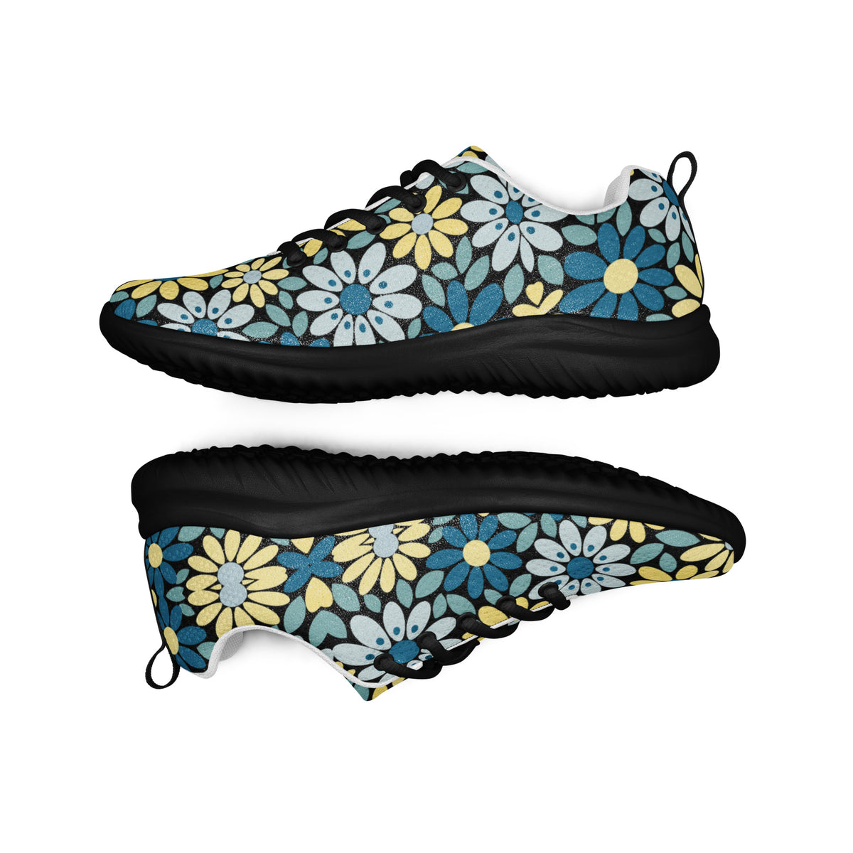 Asteri Daisy Pop floral athletic sneakers with blue, teal, butter yellow and icy blue daisies on a black background with black soles and laces.
