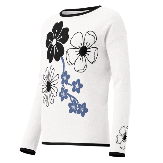 Women’s straight bottom knitted sweater - Black and White Floral