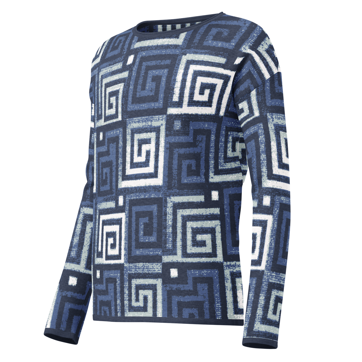 Knitted sweater (straight bottom) - Greek Key in Blue