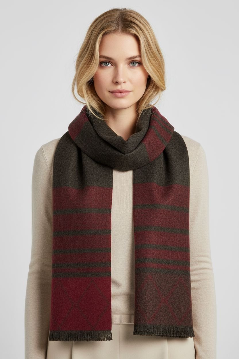 Woman wearing Asteri ZigZag baby alpaca scarf with winter outfit