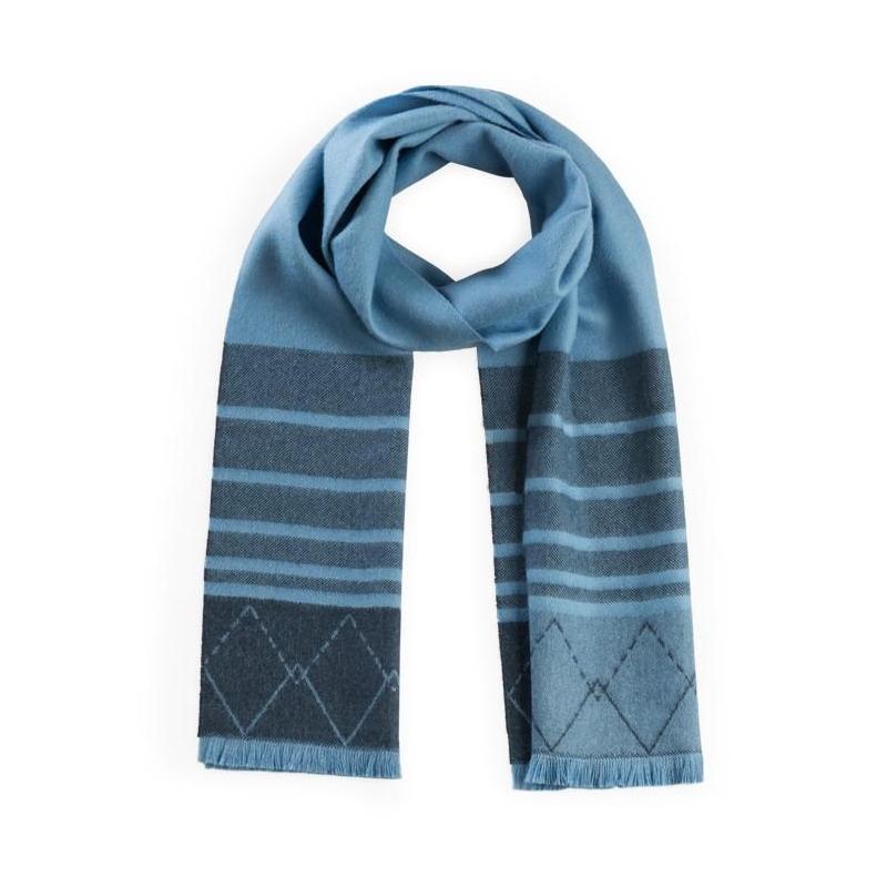 Close-up of soft 100% baby alpaca scarf with geometric ZigZag pattern and fringe